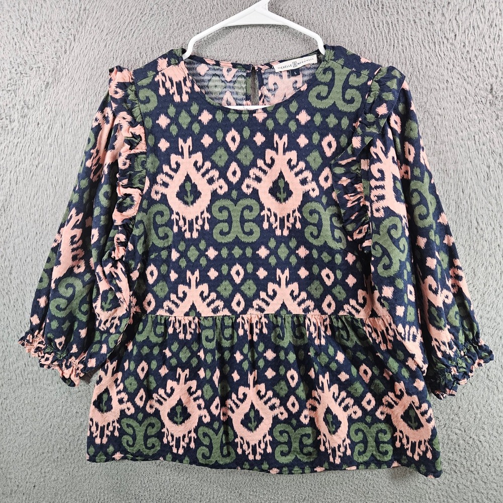 Michelle McDowell Womens Ikat Damask Peplum Blouse‎ Pink Green Navy Ruffle Sz L